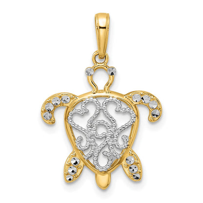 14K Gelb- und Rhodiumgold sowie Weißrhodium Diamantgeschliffener Filigraner Schildkröten-Anhänger