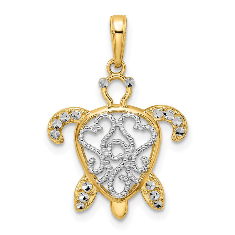 14K Gelb- und Rhodiumgold sowie Weißrhodium Diamantgeschliffener Filigraner Schildkröten-Anhänger