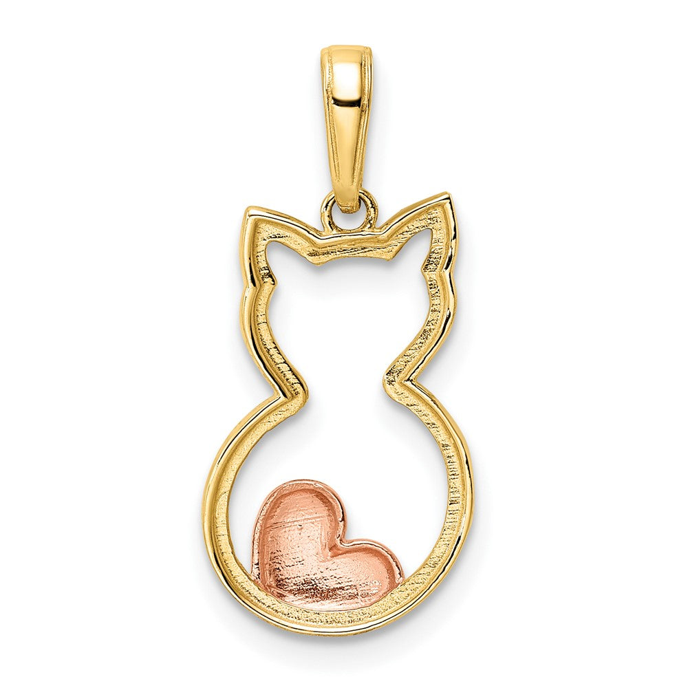 14K Gelb & Rhodium mit Weiß und Rose Diamantiert Katze mit Herz Anhänger