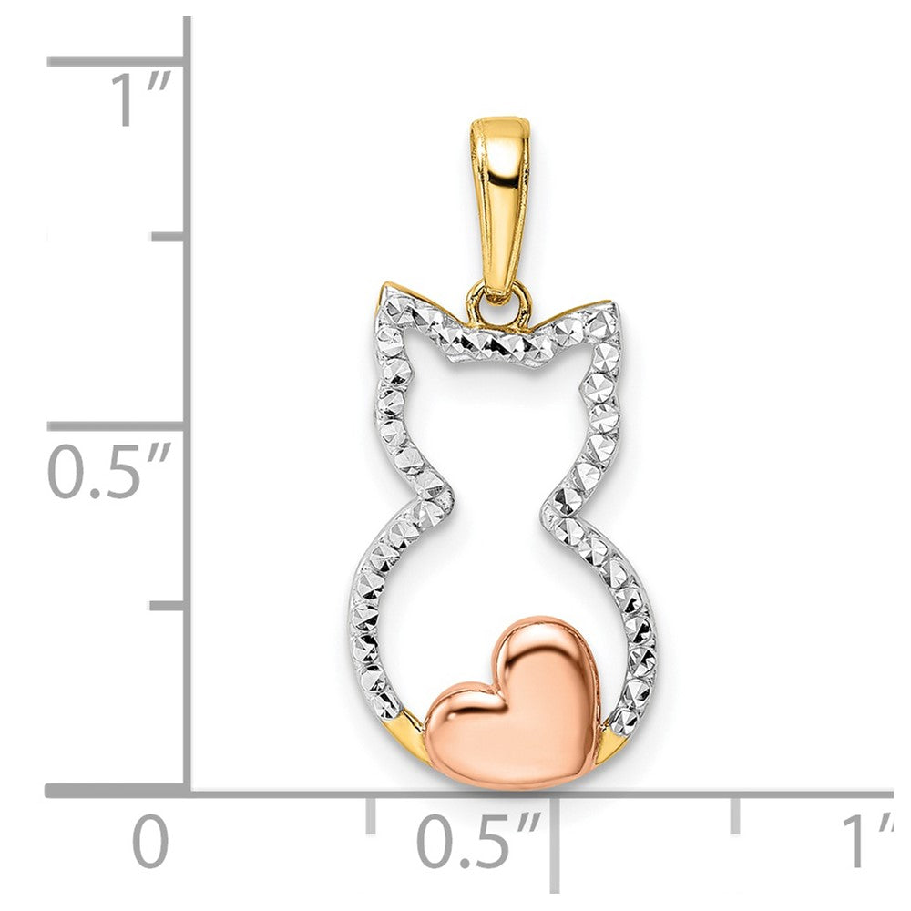 14K Gelb & Rhodium mit Weiß und Rose Diamantiert Katze mit Herz Anhänger