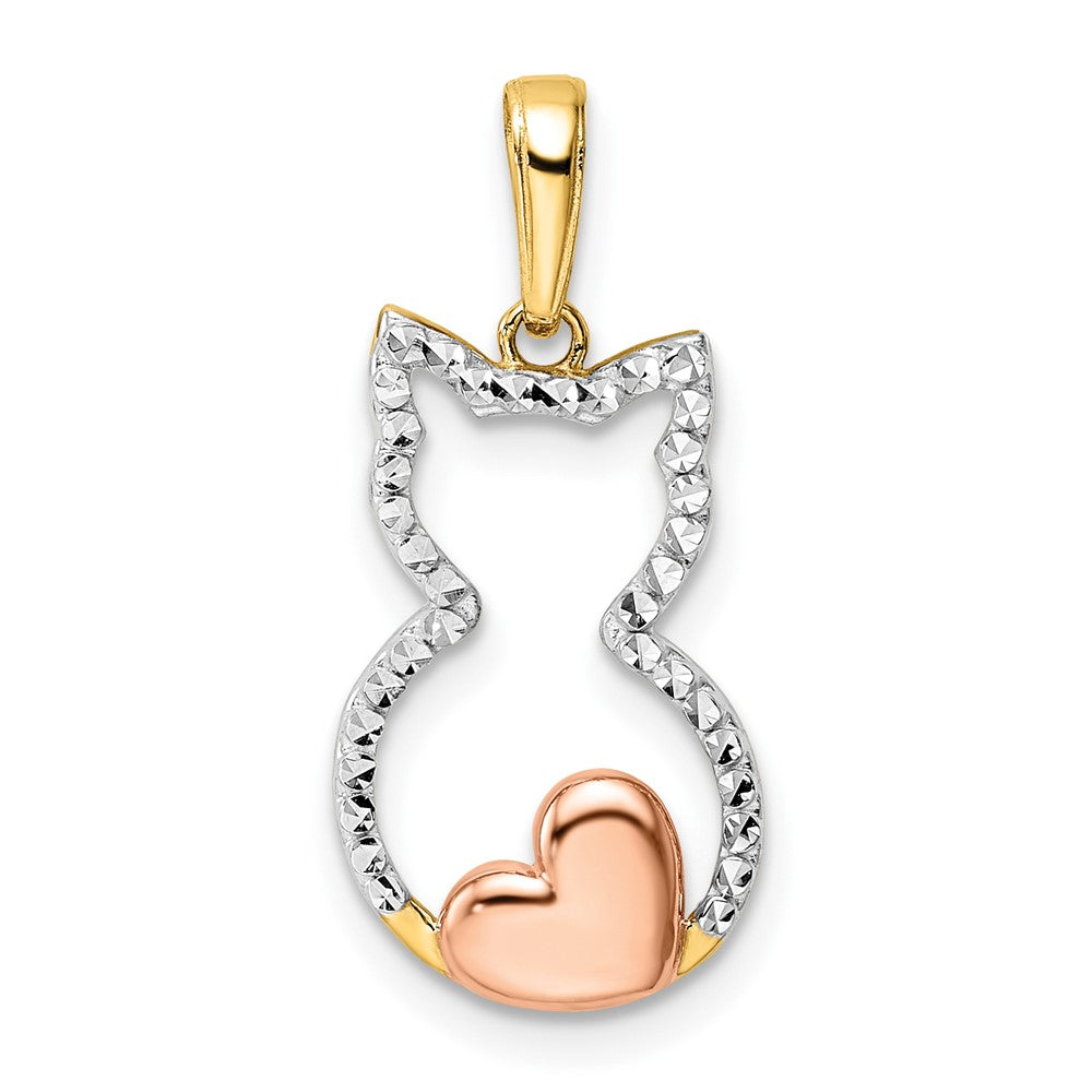 14K Gelb & Rhodium mit Weiß und Rose Diamantiert Katze mit Herz Anhänger