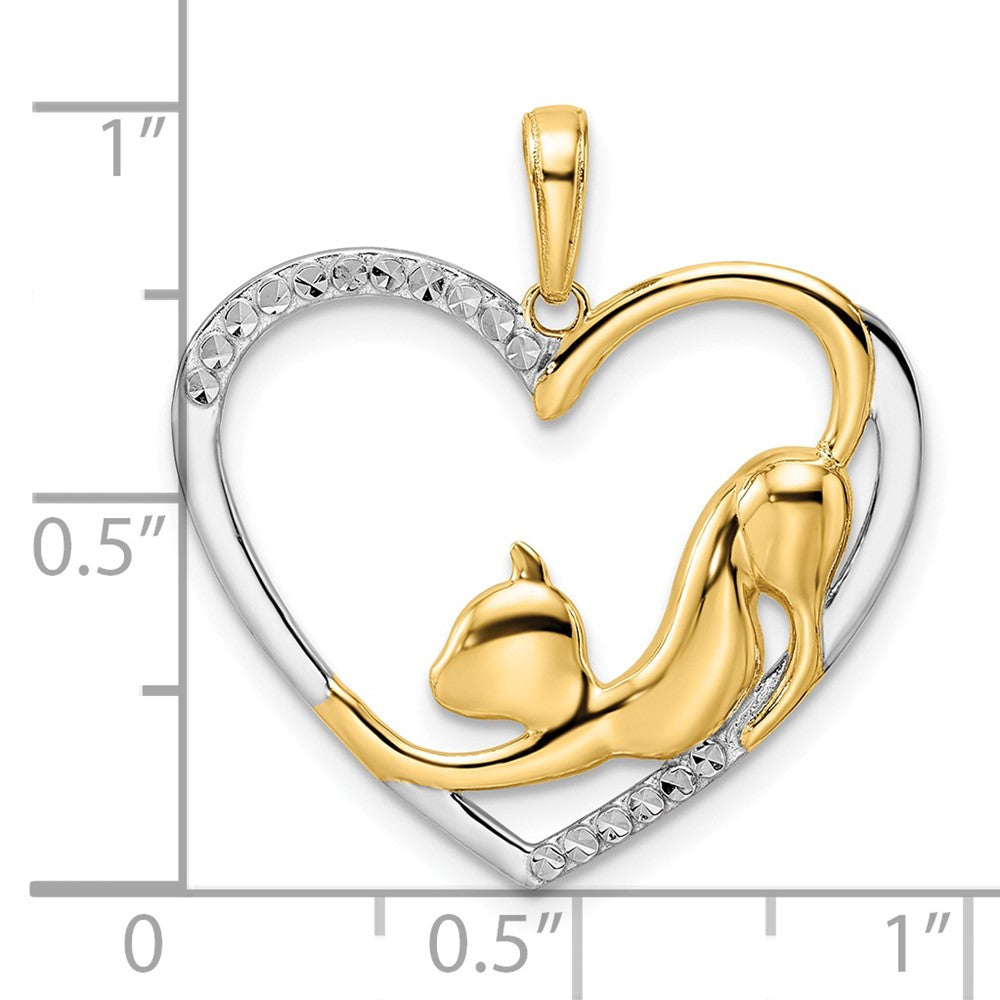 14K Gelb- und Rhodiumgold sowie Weißrhodium Diamantgeschliffener Anhänger „Sich streckende Katze im Herz“