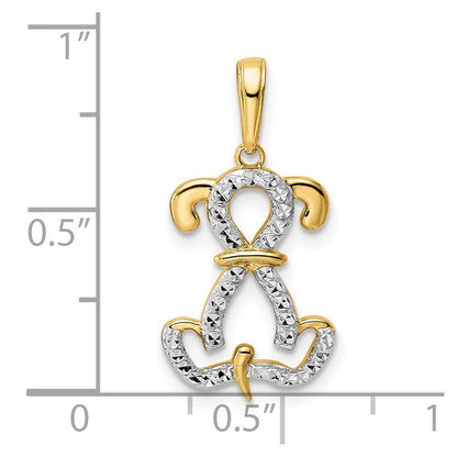14K Gelbgold und Weißgold mit Rhodium-Beschichtung, Diamant geschliffener sitzender Welpen-Anhänger