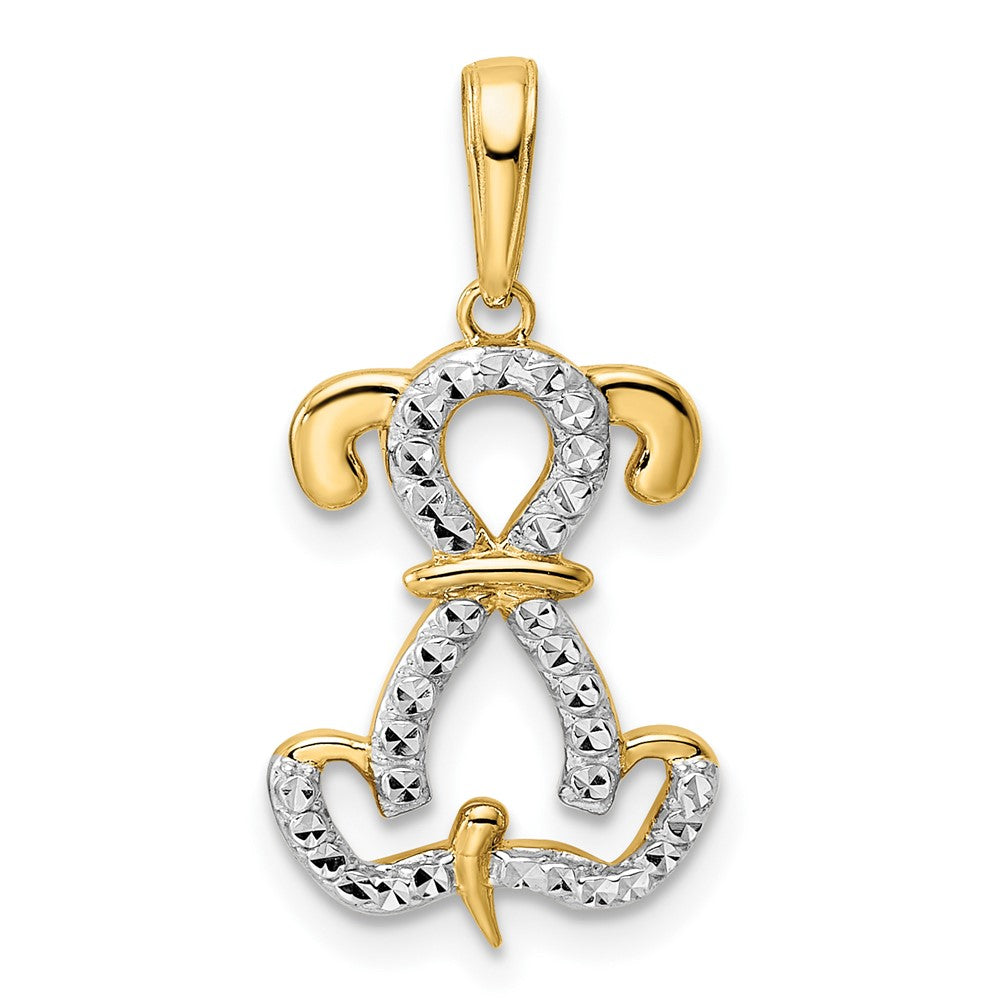14K Gelbgold und Weißgold mit Rhodium-Beschichtung, Diamant geschliffener sitzender Welpen-Anhänger