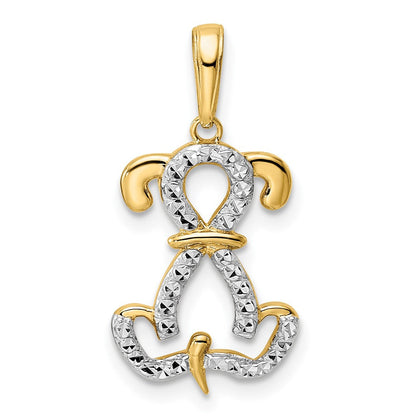 14K Gelbgold und Weißgold mit Rhodium-Beschichtung, Diamant geschliffener sitzender Welpen-Anhänger