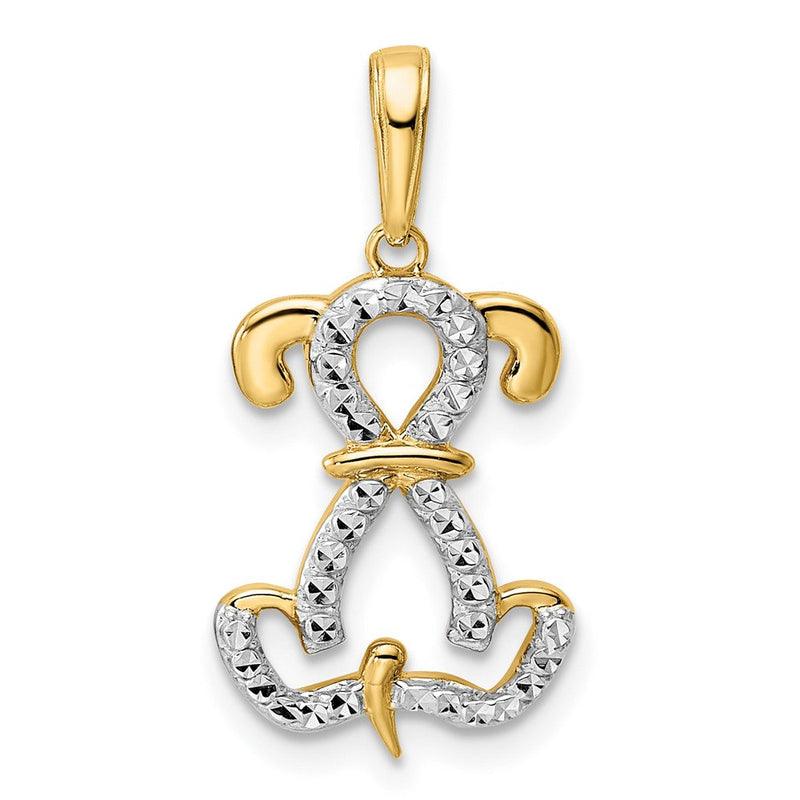 14K Gelbgold und Weißgold mit Rhodium-Beschichtung, Diamant geschliffener sitzender Welpen-Anhänger