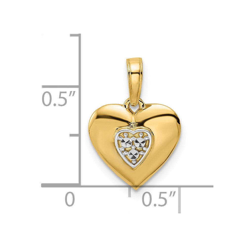 14K Gelb- und Rhodiumgold sowie Weiß-Rhodium diamantgeschliffener Puffy-Herz-Anhänger