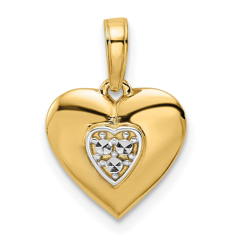 14K Gelb- und Rhodiumgold sowie Weiß-Rhodium diamantgeschliffener Puffy-Herz-Anhänger