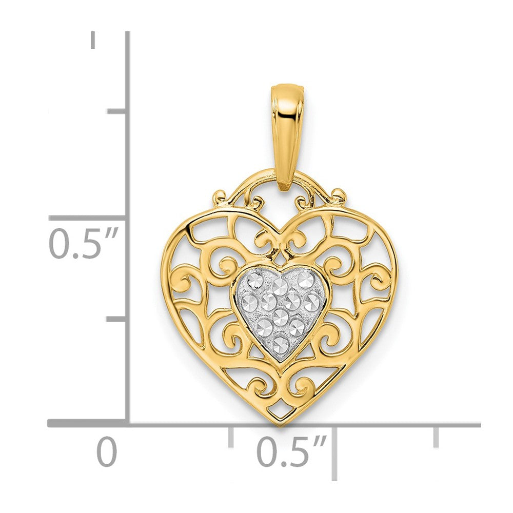 14K Gelbgold & Rhodium und Weißrhodium Diamantgeschliffener Filigran-Herzanhänger