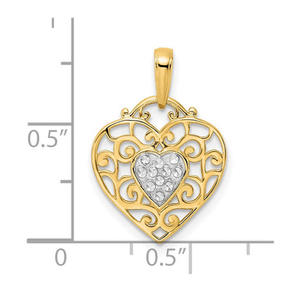 14K Gelbgold & Rhodium und Weißrhodium Diamantgeschliffener Filigran-Herzanhänger