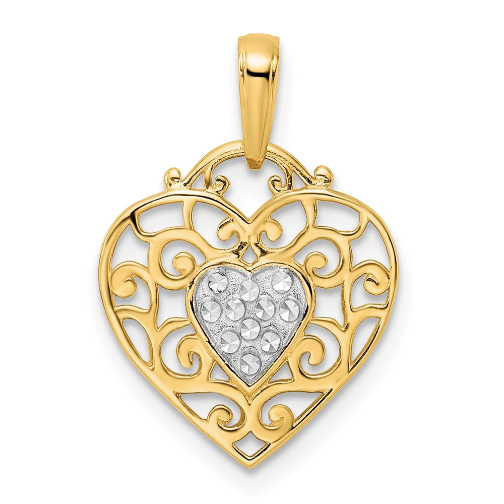 14K Gelbgold & Rhodium und Weißrhodium Diamantgeschliffener Filigran-Herzanhänger