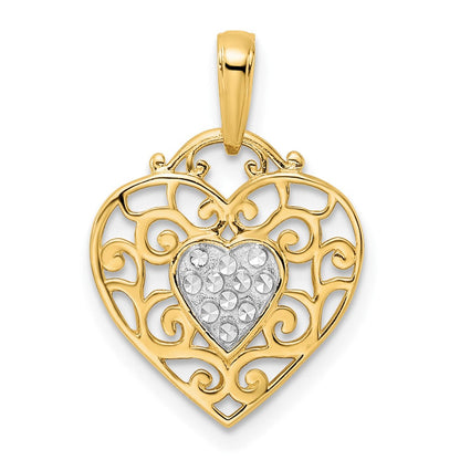 14K Gelbgold & Rhodium und Weißrhodium Diamantgeschliffener Filigran-Herzanhänger
