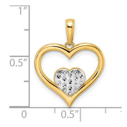 14K Gelb- und Rhodiumgold sowie Weißrhodium Diamantgeschliffener Herz-in-Herz-Anhänger