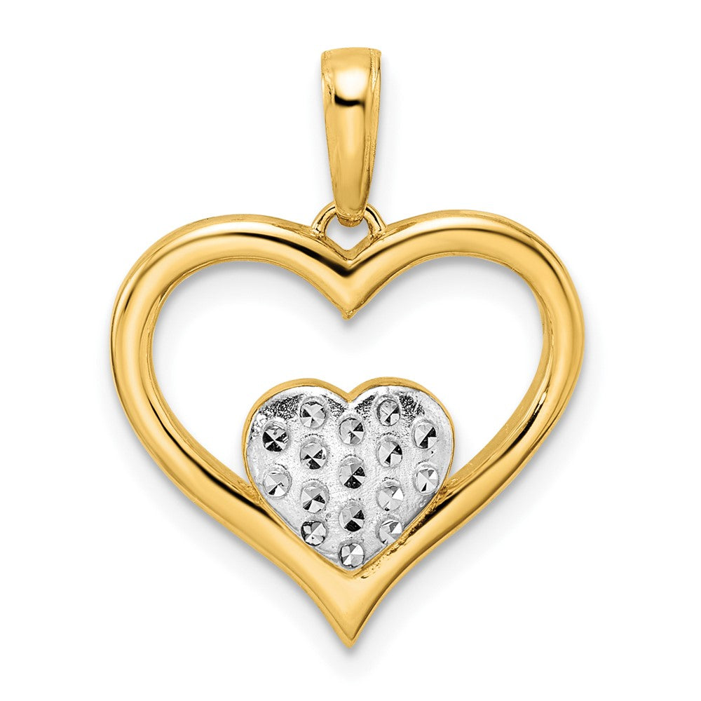 14K Gelb- und Rhodiumgold sowie Weißrhodium Diamantgeschliffener Herz-in-Herz-Anhänger