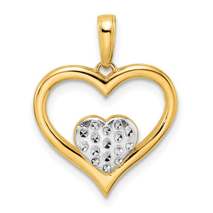 14K Gelb- und Rhodiumgold sowie Weißrhodium Diamantgeschliffener Herz-in-Herz-Anhänger