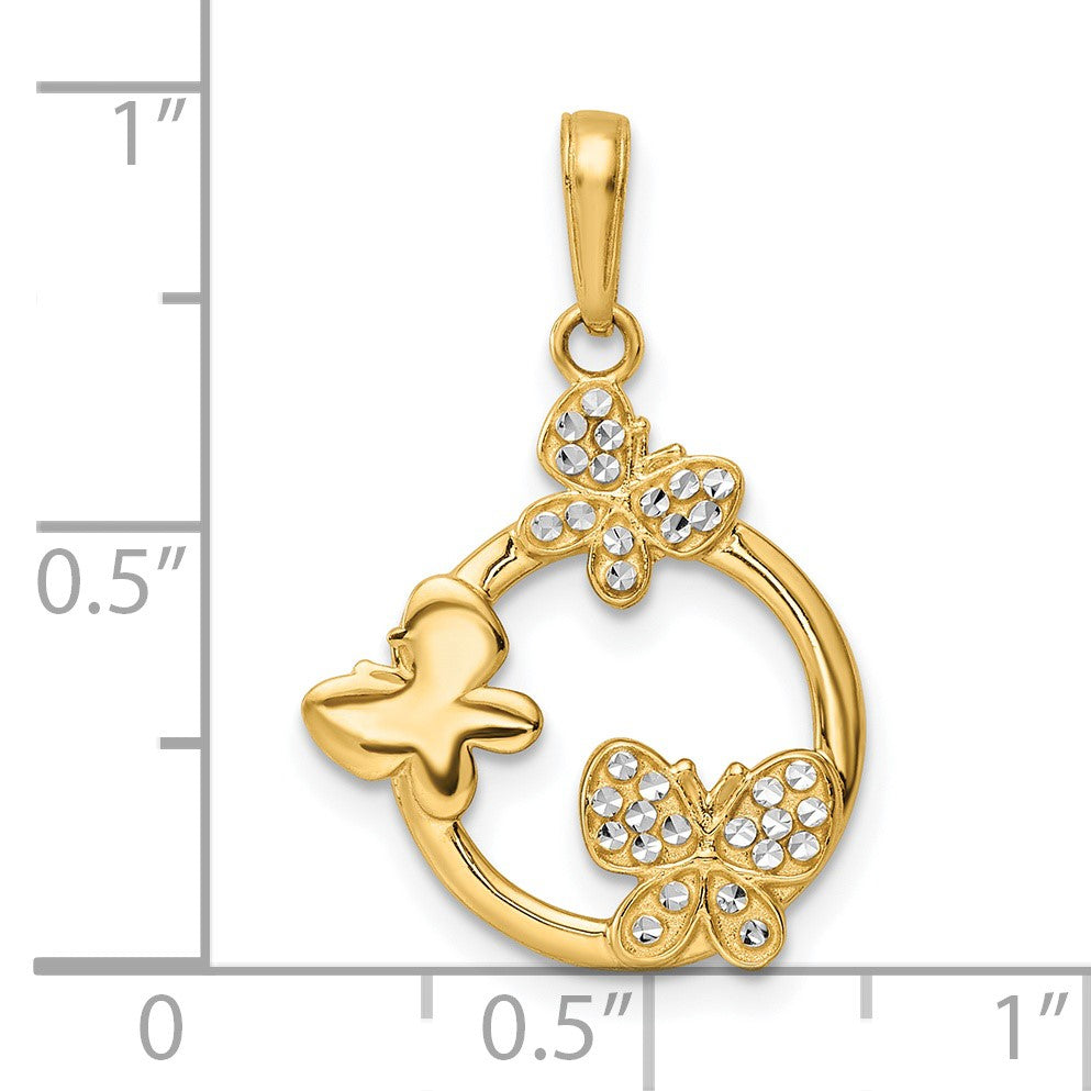14k Gelb- und Rhodiumgold sowie Weißrhodium Diamant-geschliffene Schmetterlinge auf Kreis-Anhänger
