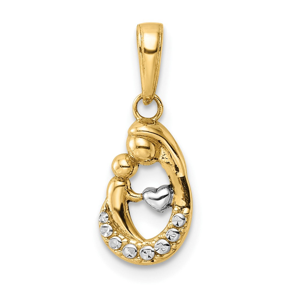 14K Gelb & Rhodium und Weiß Diamantiert Mutter Baby Tropfen Anhänger