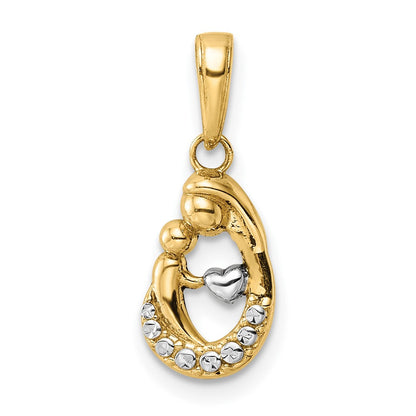 14K Gelb & Rhodium und Weiß Diamantiert Mutter Baby Tropfen Anhänger