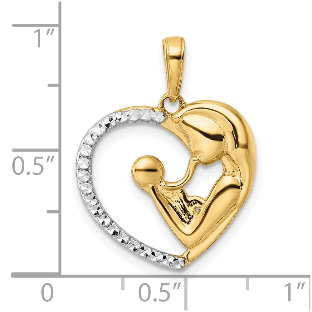 14K Gelb- und Rhodiumgold sowie Weißrhodium, diamantgeschliffener Mutter-Kind-Herz-Anhänger
