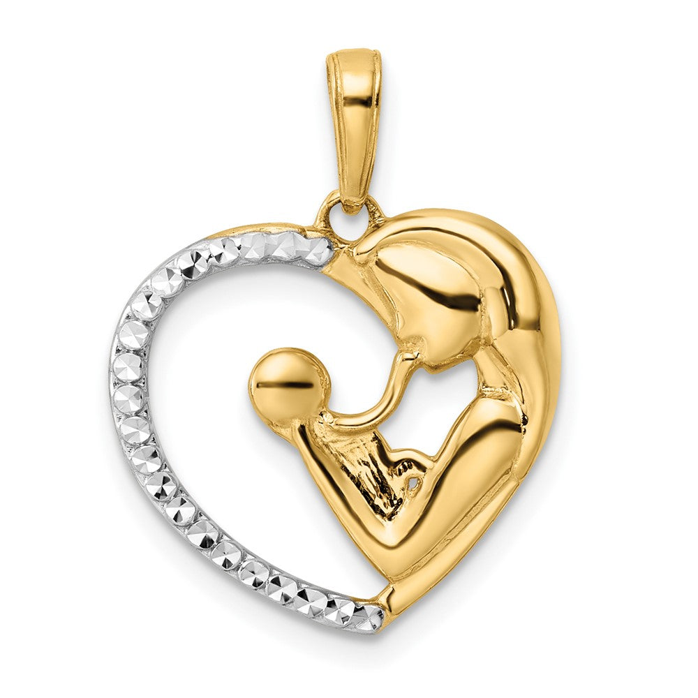 14K Gelb- und Rhodiumgold sowie Weißrhodium, diamantgeschliffener Mutter-Kind-Herz-Anhänger