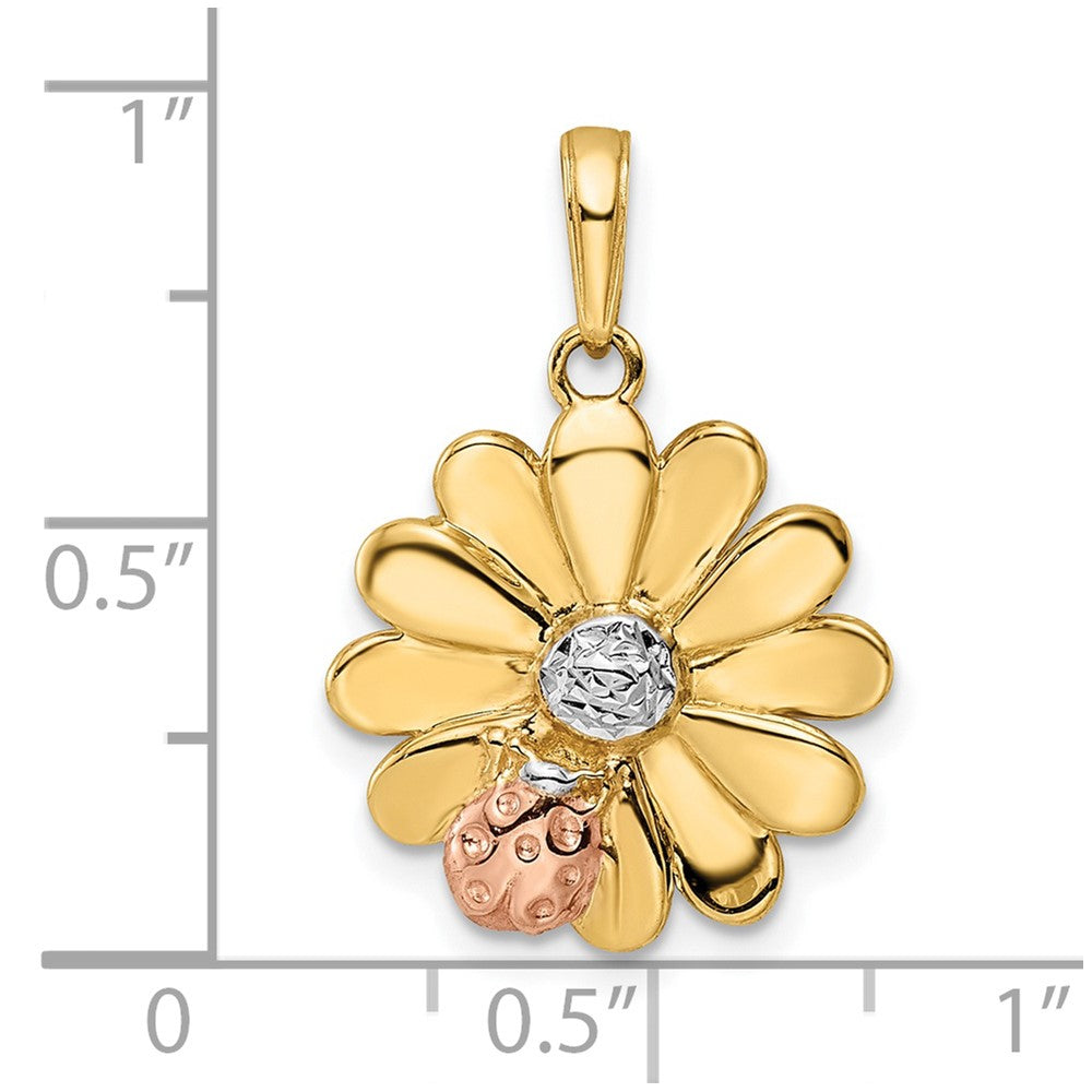 14K Gelb- und Rhodiumgold-Anhänger mit Weiß- und Rosérhodium diamantiertem Marienkäfer auf Blume