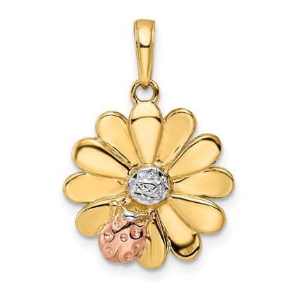 14K Gelb- und Rhodiumgold-Anhänger mit Weiß- und Rosérhodium diamantiertem Marienkäfer auf Blume