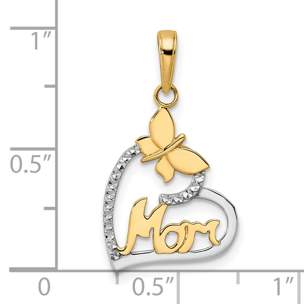 14K Gelb & Rhodium mit Weiß Diamantiert Schmetterling Mama in Herz Anhänger