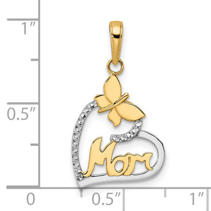 14K Gelb & Rhodium mit Weiß Diamantiert Schmetterling Mama in Herz Anhänger