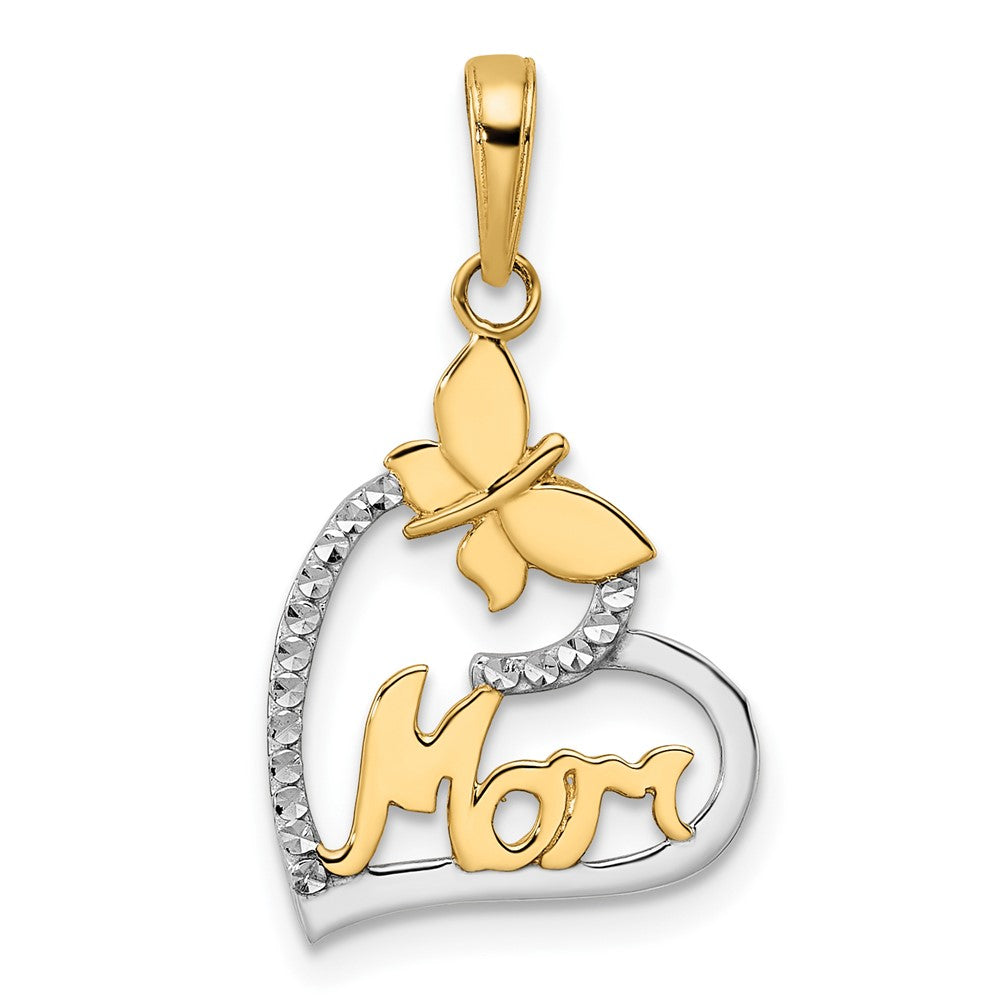 14K Gelb & Rhodium mit Weiß Diamantiert Schmetterling Mama in Herz Anhänger