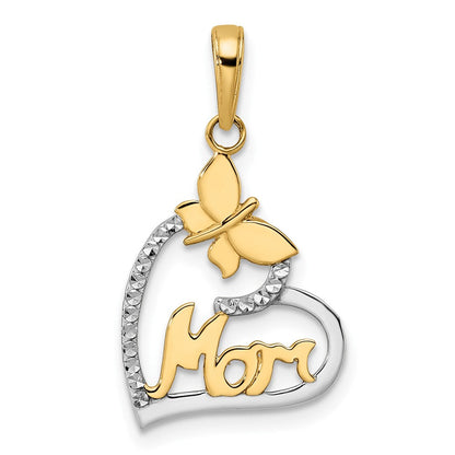 14K Gelb & Rhodium mit Weiß Diamantiert Schmetterling Mama in Herz Anhänger
