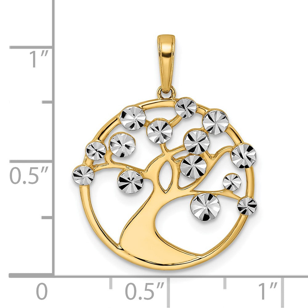 14 Karat Gelbgold & Rhodium mit Weißrhodium, diamantierter Baum-des-Lebens-Anhänger
