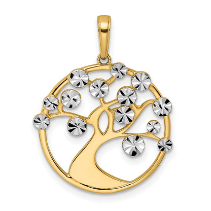 14 Karat Gelbgold & Rhodium mit Weißrhodium, diamantierter Baum-des-Lebens-Anhänger