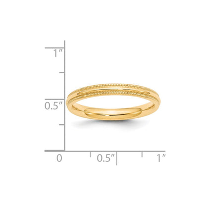 Ehering aus 14K Gelbgold, 3 mm, halbrund mit Milgrain, Komfort-Passform