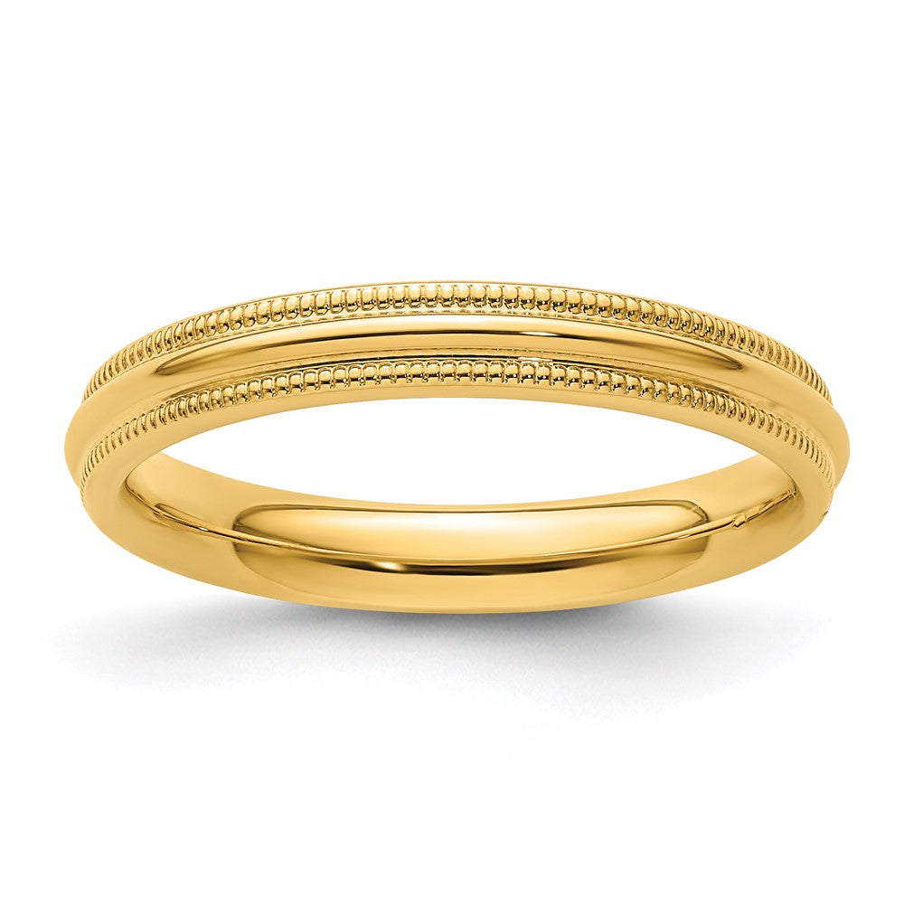 Ehering aus 14K Gelbgold, 3 mm, halbrund mit Milgrain, Komfort-Passform
