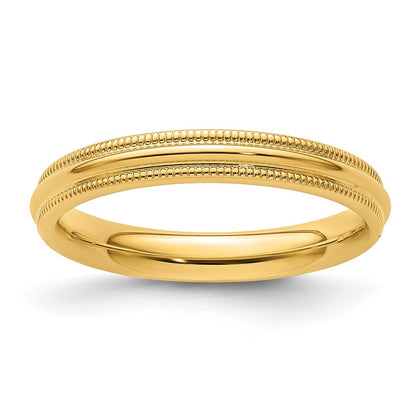 Ehering aus 14K Gelbgold, 3 mm, halbrund mit Milgrain, Komfort-Passform