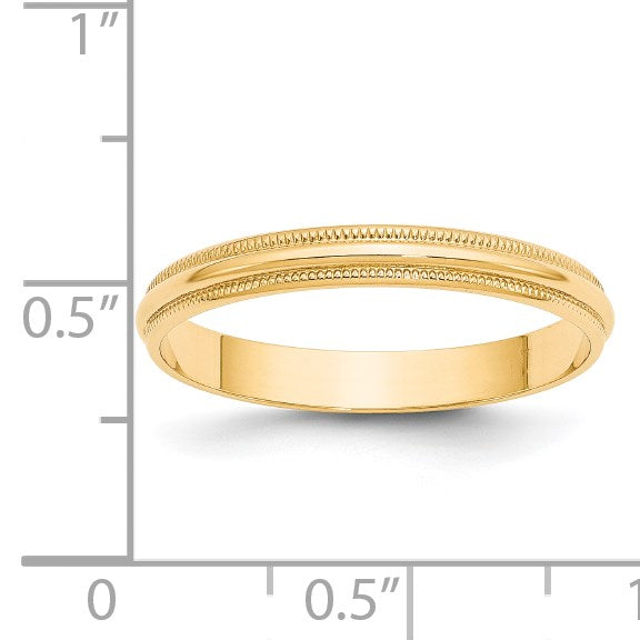 14K Gelbgold 3 mm leichter Ehering mit Milgrain, halbrund