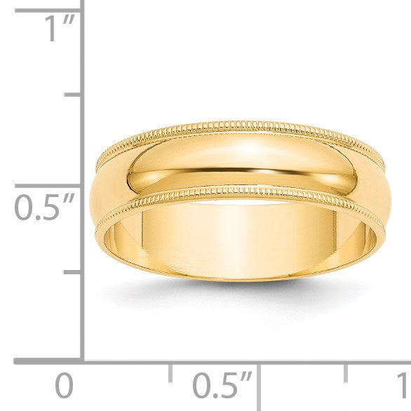 14K Gelbgold 6 mm leichter Ehering, halbrund mit Milgrain