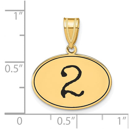 14K Gelbgold Polierter Anhänger "Zahl 2" oval mit schwarzem Emaille