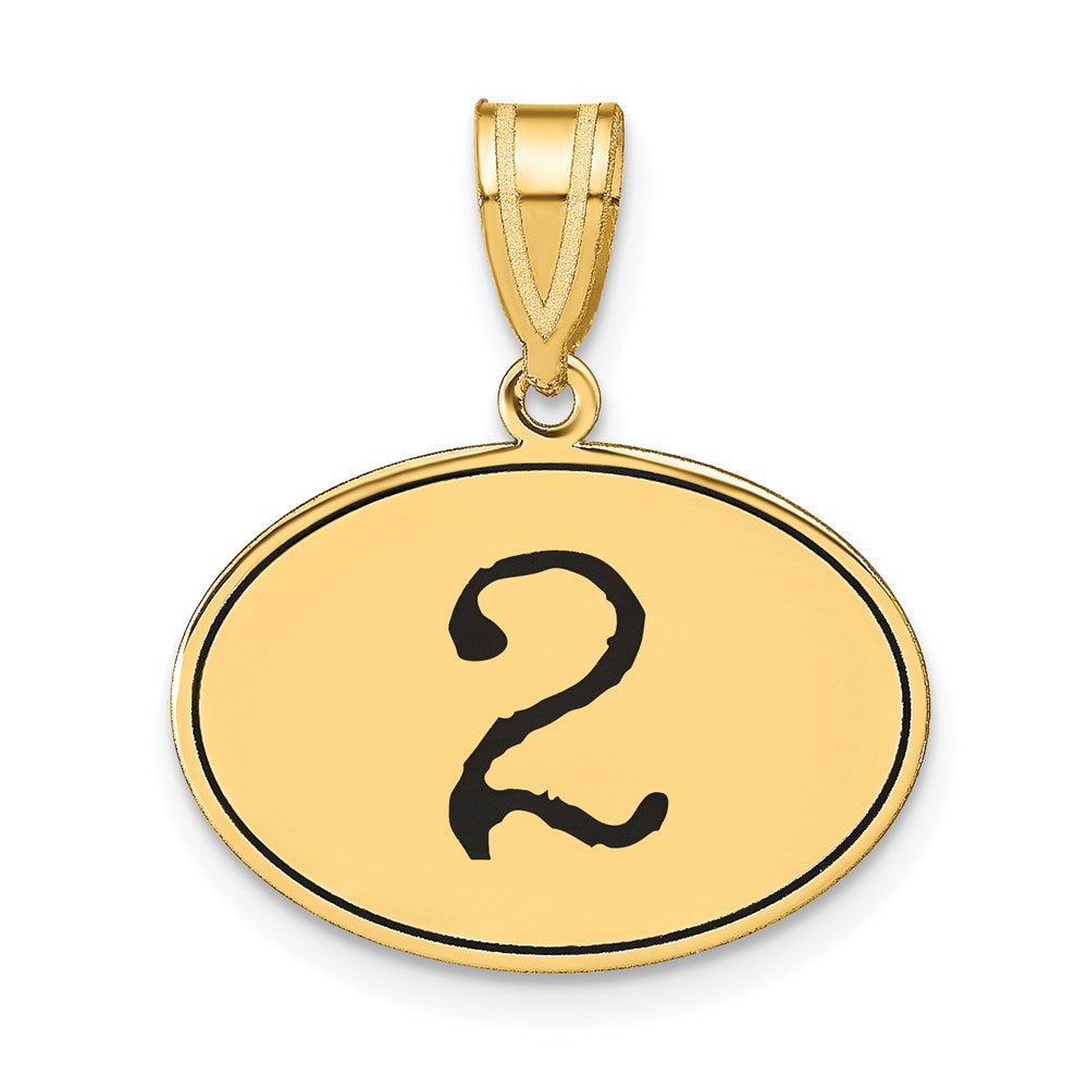 14K Gelbgold Polierter Anhänger "Zahl 2" oval mit schwarzem Emaille