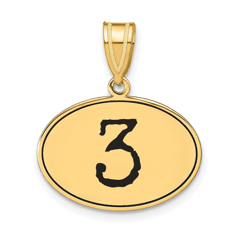 14K Gelbgold Polierter Anhänger Ziffer 3 mit schwarzer Emaille, oval