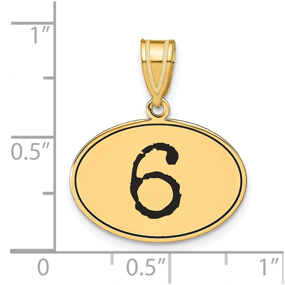 14K Gelbgold Anhänger, poliert, oval, Zahl 6, mit schwarzer Emaille