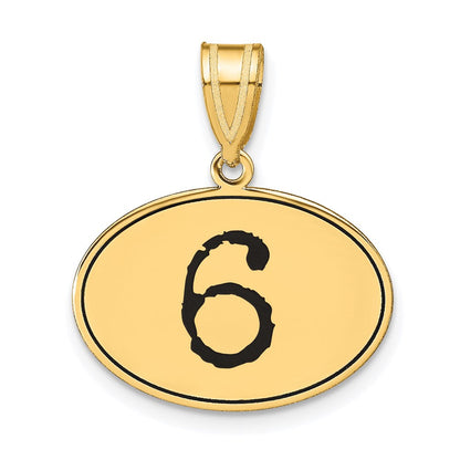 14K Gelbgold Anhänger, poliert, oval, Zahl 6, mit schwarzer Emaille