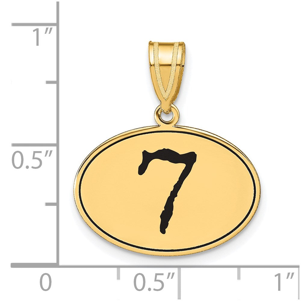14K Gelbgold Polierter Anhänger "Zahl 7" mit schwarzem Emaille, oval