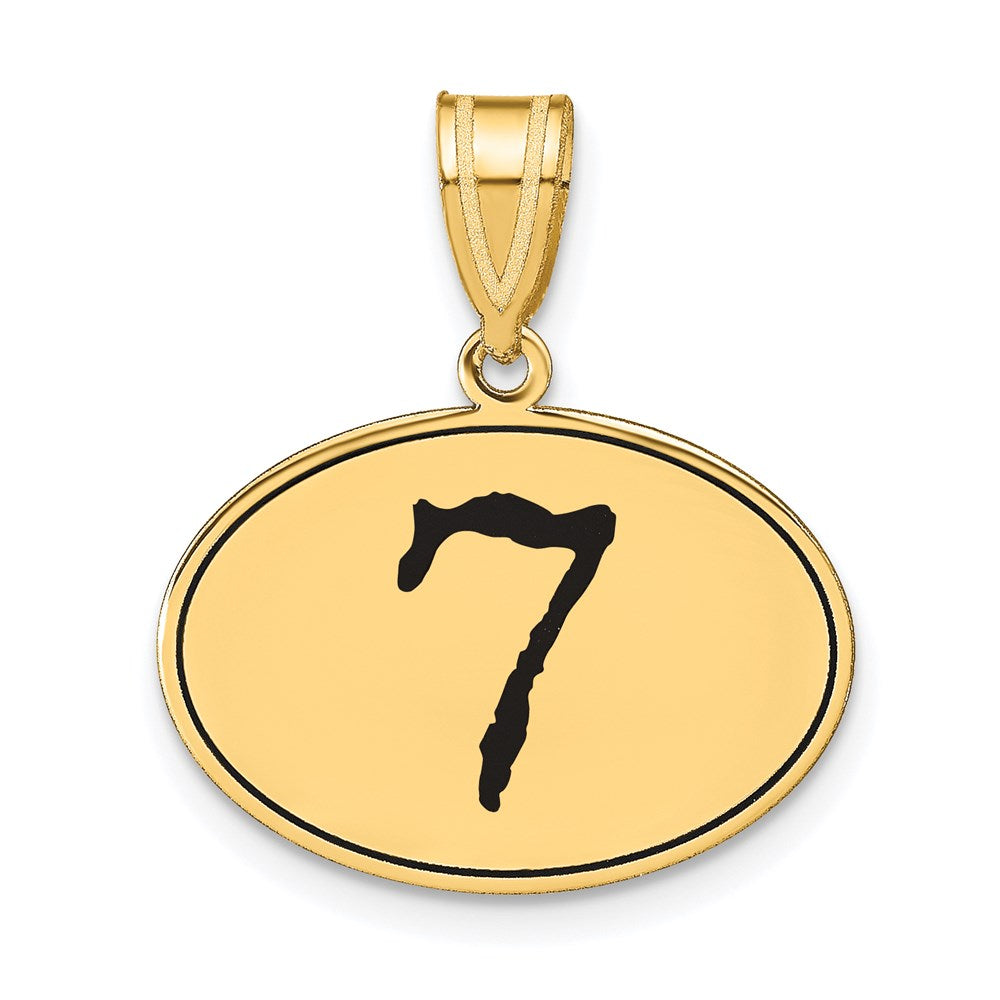 14K Gelbgold Polierter Anhänger "Zahl 7" mit schwarzem Emaille, oval