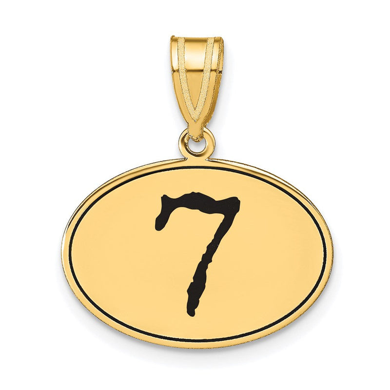 14K Gelbgold Polierter Anhänger "Zahl 7" mit schwarzem Emaille, oval
