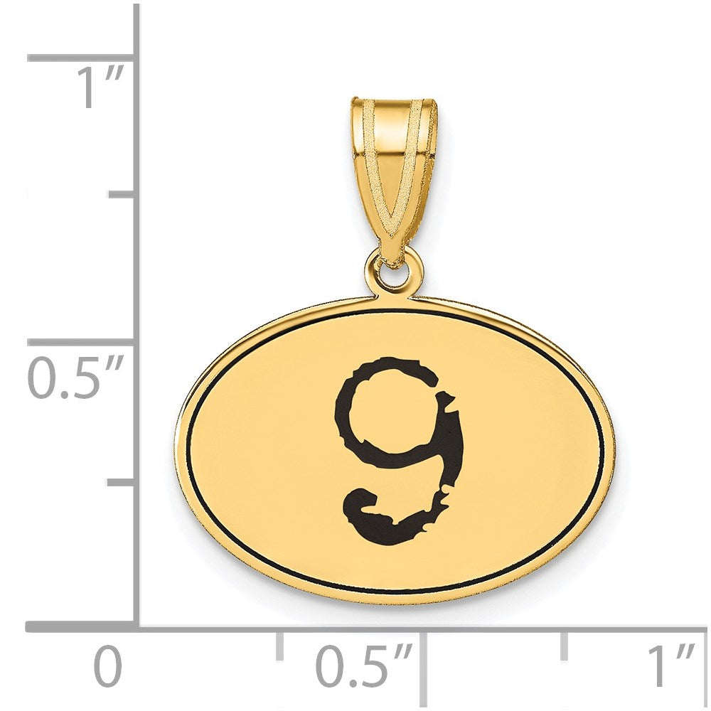 14K Gelbgold polierter Anhänger Zahl 9 mit schwarzer Emaille, oval