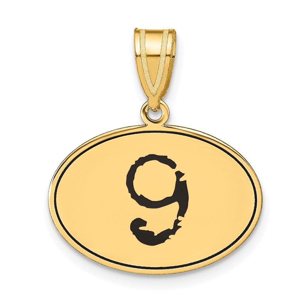 14K Gelbgold polierter Anhänger Zahl 9 mit schwarzer Emaille, oval