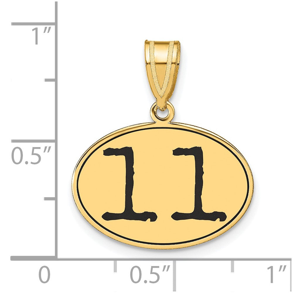 14K Gelbgold polierter Anhänger „Nummer 11" mit schwarzer Emaille, oval