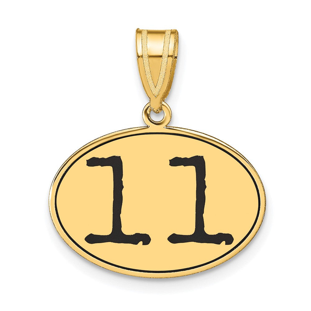 14K Gelbgold polierter Anhänger „Nummer 11" mit schwarzer Emaille, oval