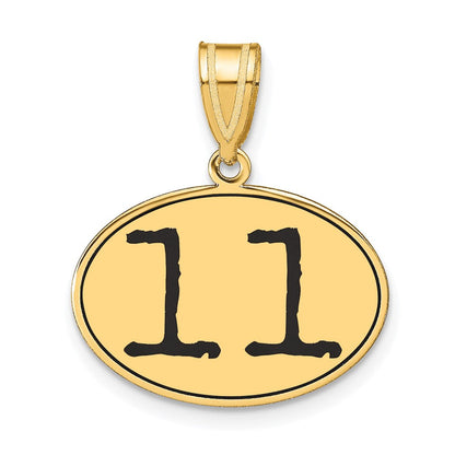 14K Gelbgold polierter Anhänger „Nummer 11" mit schwarzer Emaille, oval